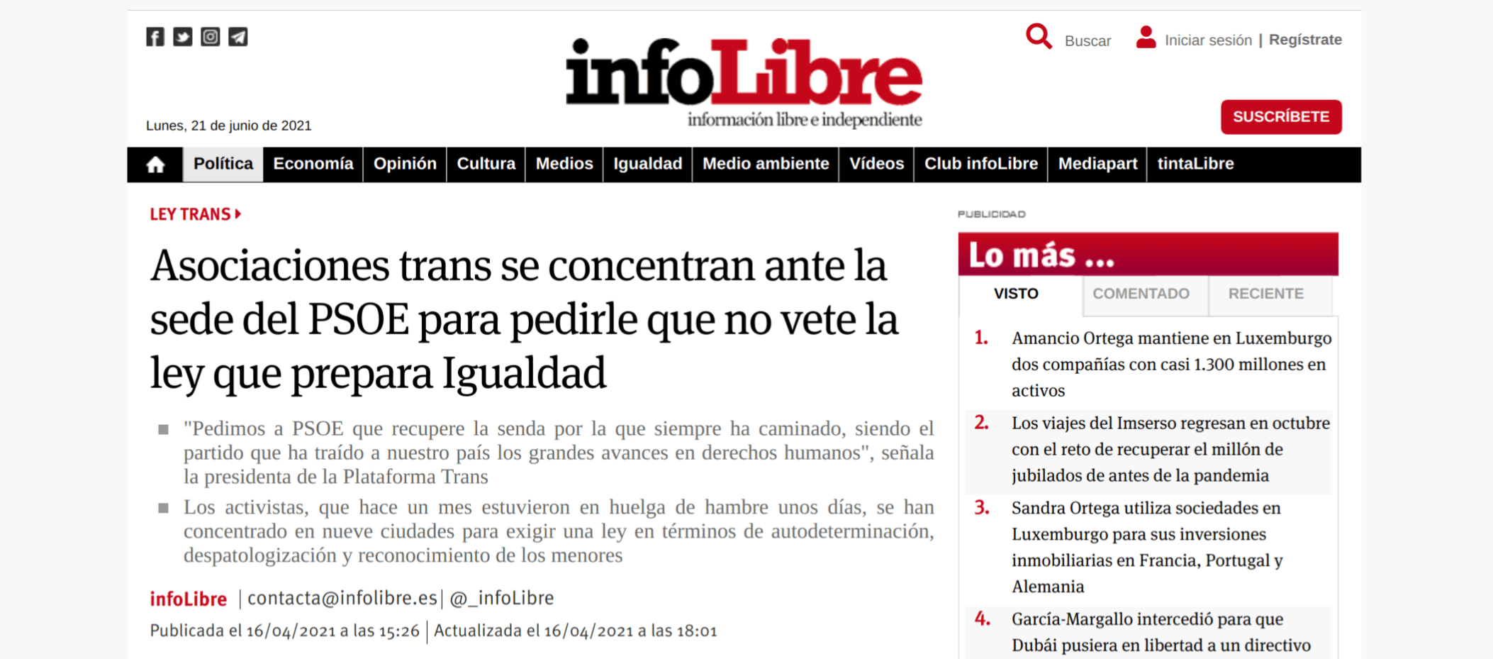 Captura de pantalla del artículo de InfoLibre sobre trans
