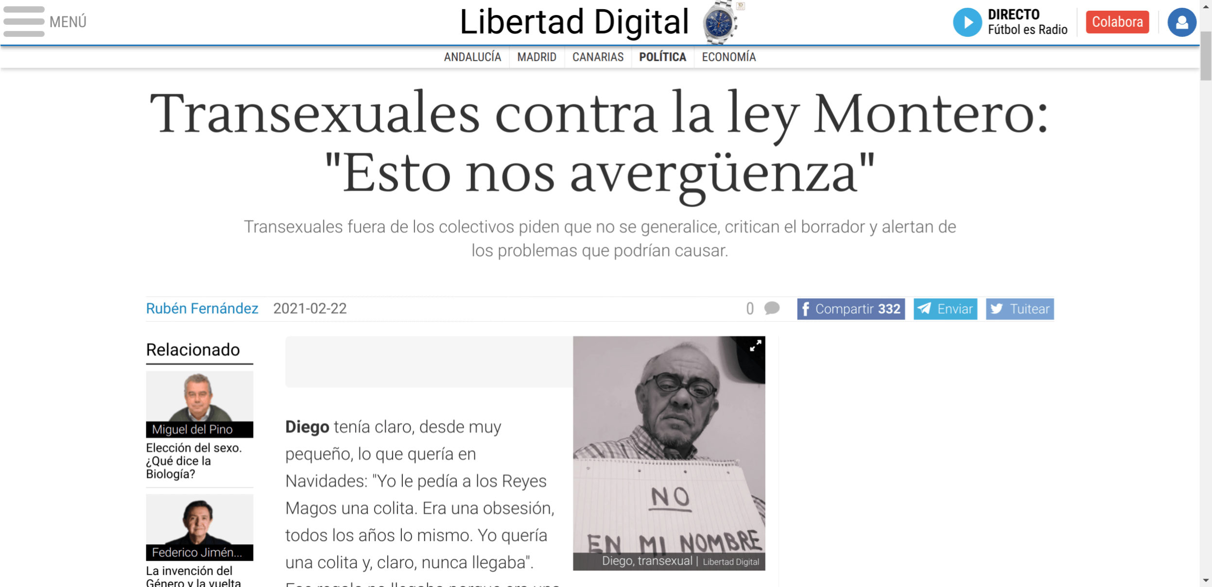 Captura de pantalla del artículo de Libertad digital sobre trans
